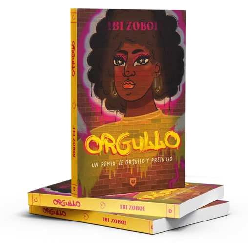 Portada del libro Orgullo: donde aparece la cara de una chica afroamericana con el pelo afro y unos pendientes grandes y dorados, pintada como un grafitti en una pared de ladrillo.