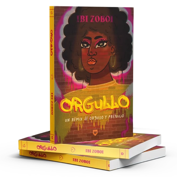Portada del libro Orgullo: donde aparece la cara de una chica afroamericana con el pelo afro y unos pendientes grandes y dorados, pintada como un grafitti en una pared de ladrillo.