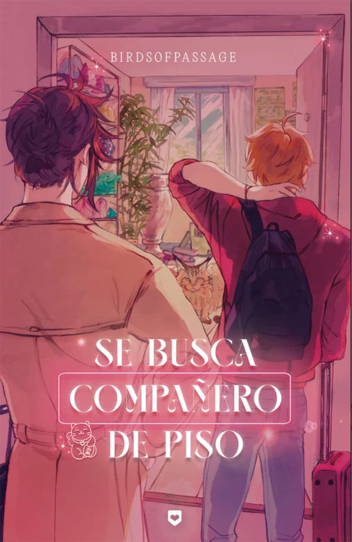 Portada de la novela Se busca compañero de piso, donde aparecen dos chicos de espaldas, mirando al interior de una habitación donde hay un gato.