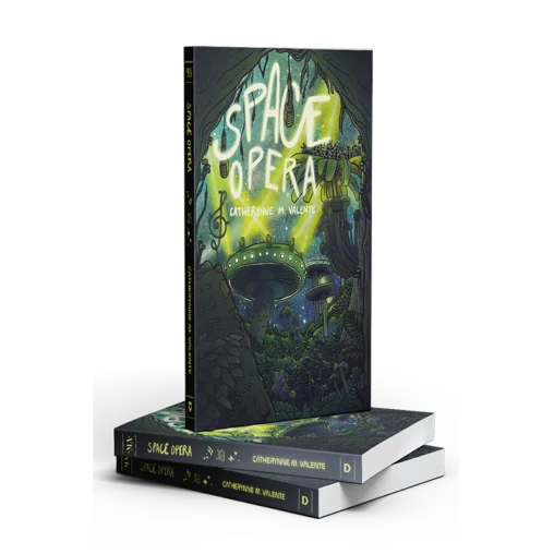 Portada de la novela Space Opera donde se muestra un planeta alienígena plagado de vegetación, con setas enormes haciendo las veces de escenarios rodeados de focos.