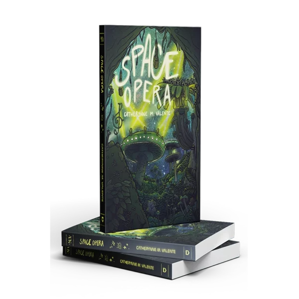 Portada de la novela Space Opera donde se muestra un planeta alienígena plagado de vegetación, con setas enormes haciendo las veces de escenarios rodeados de focos.